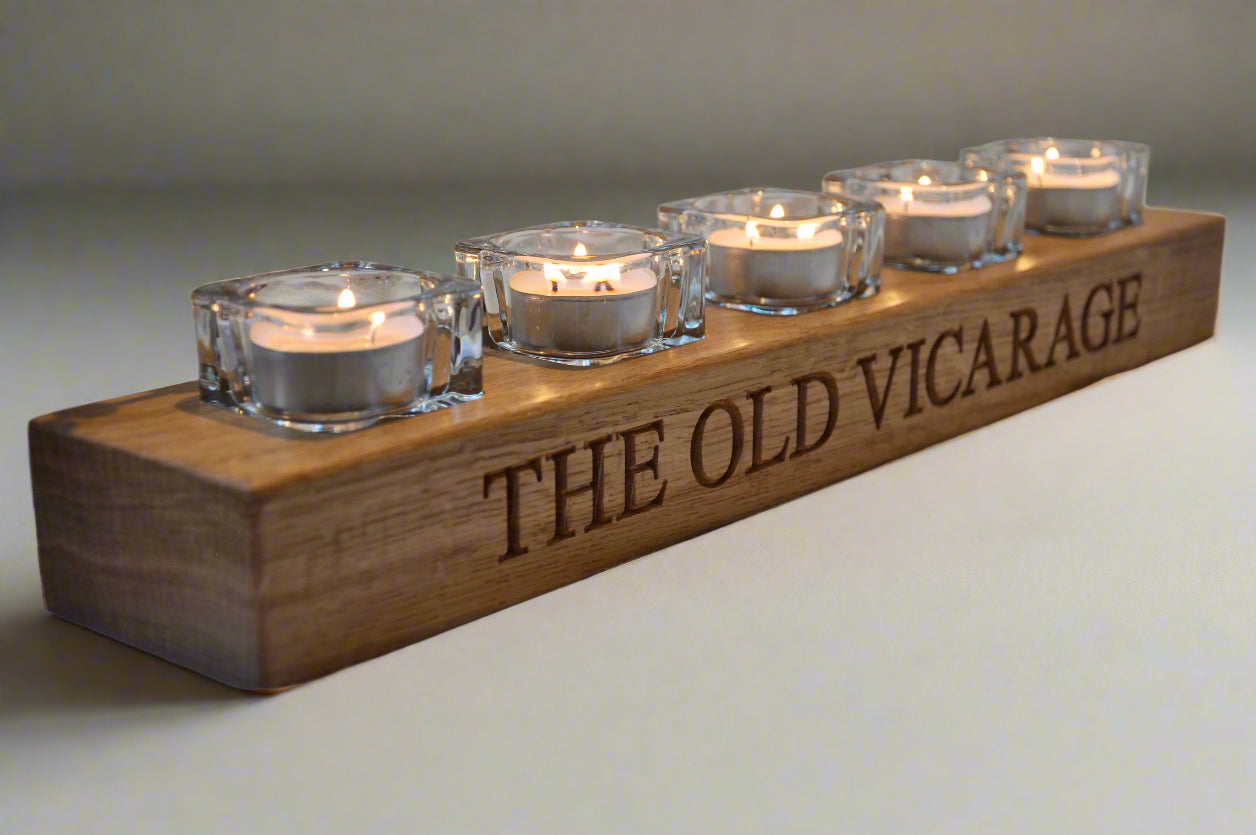 Personalised, Engraved Oak 5 Light Tea Light Candle Holder