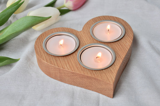 Rustic Oak Heart 3 Light Candle Holder, Tea Light Holder