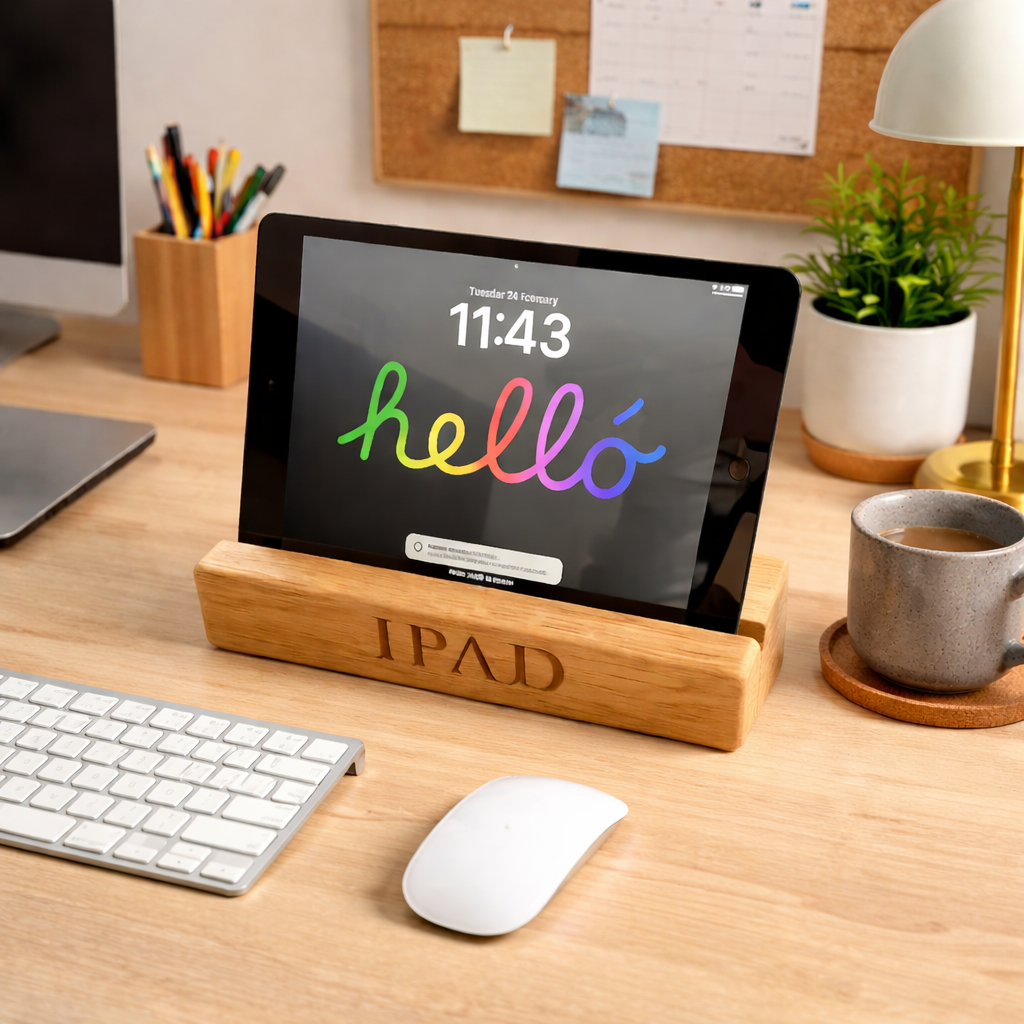 Tablet on a wooden stand with 'iPad' branding on a desk with office supplies.