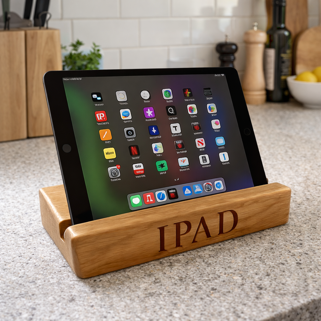 Wooden iPad stand with an iPad displaying app icons on a kitchen counter.