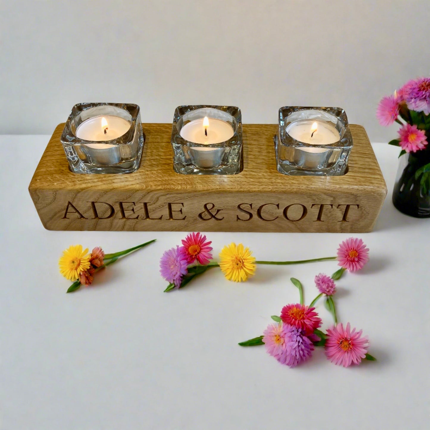 Personalised Oak 3 Light Tea Light Candle Holder