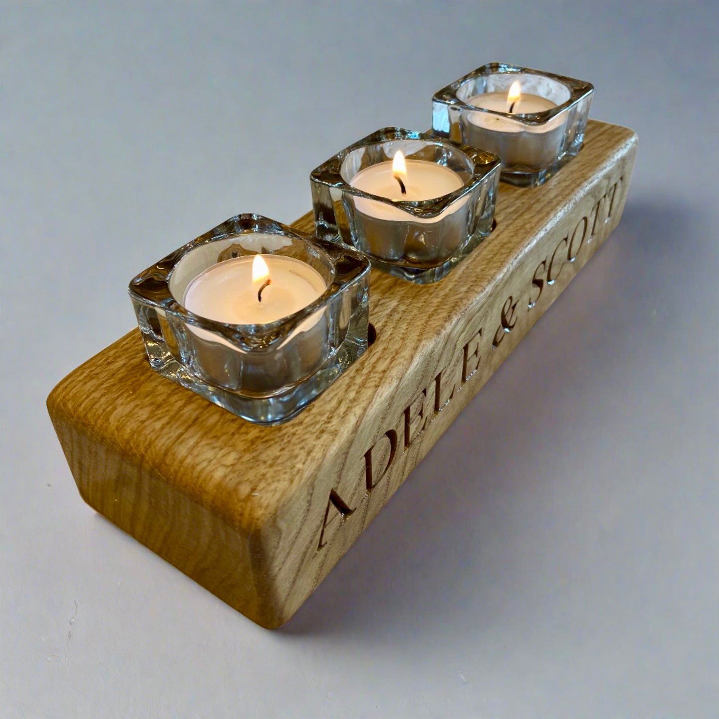 Personalised Oak 3 Light Tea Light Candle Holder