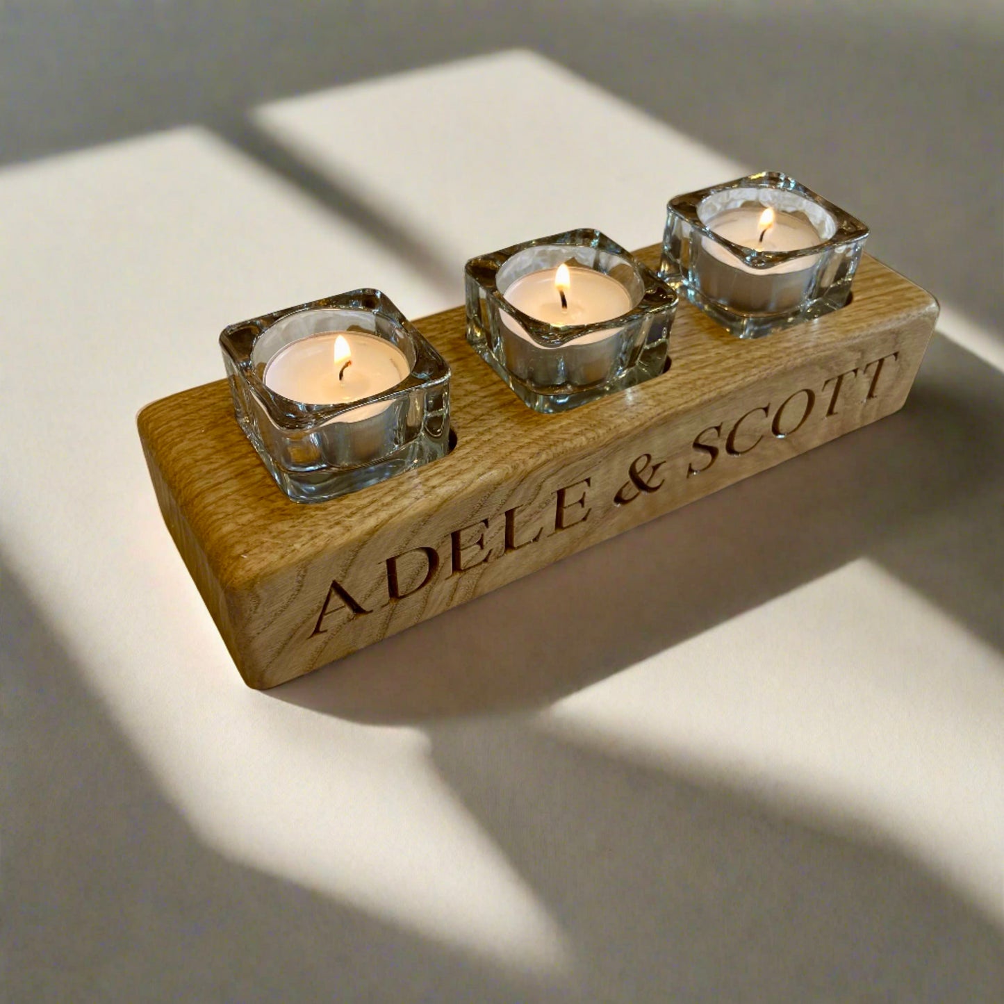 Personalised Oak 3 Light Tea Light Candle Holder