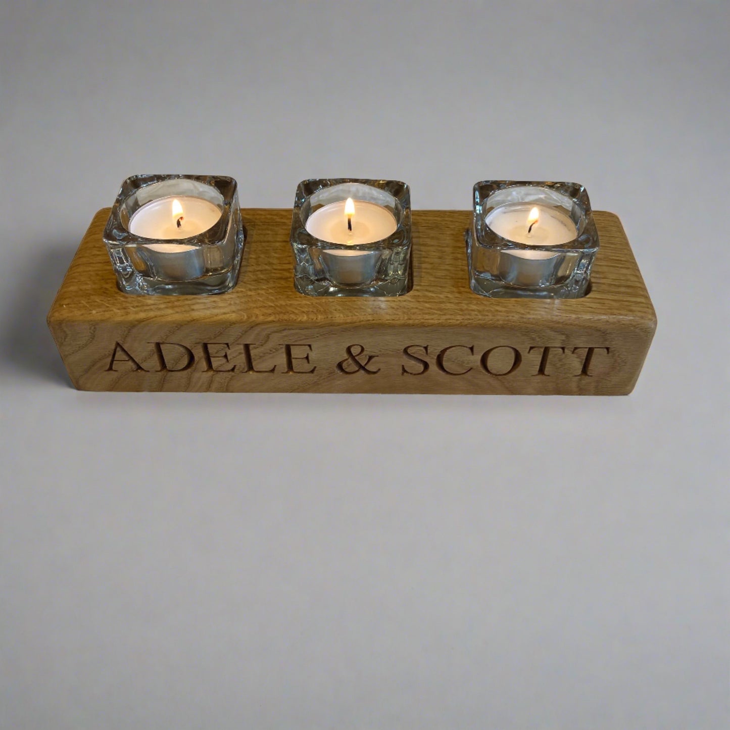 Personalised Oak 3 Light Tea Light Candle Holder