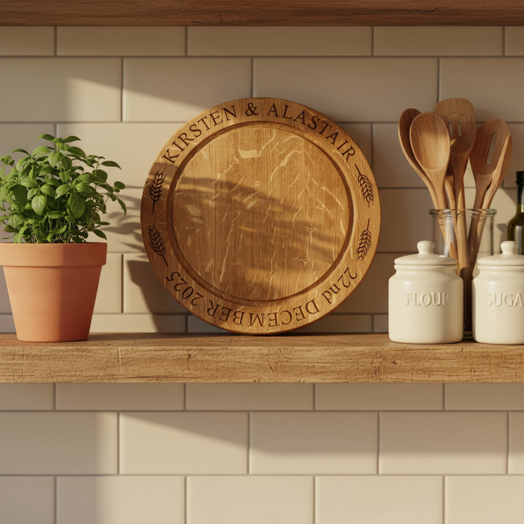 Wooden cutting board with engraved names and date on a wooden table with bread and butter.