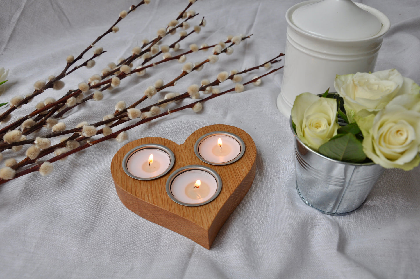 Rustic Oak Heart 3 Light Candle Holder, Tea Light Holder