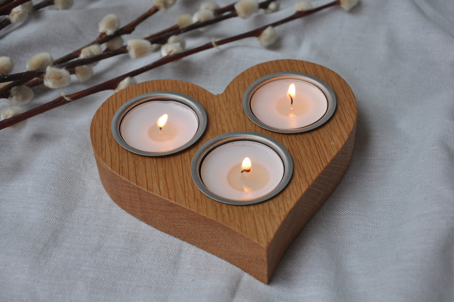 Rustic Oak Heart 3 Light Candle Holder, Tea Light Holder