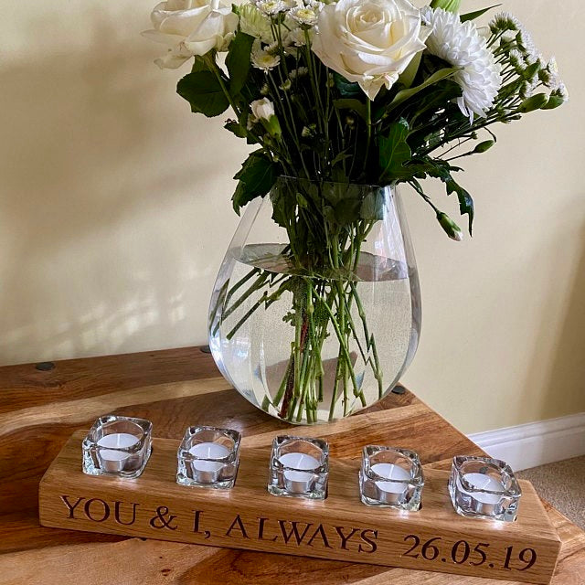 Personalised, Engraved Oak 5 Light Tea Light Candle Holder